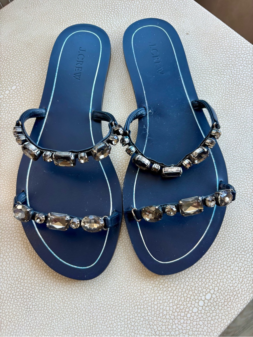 J. Crew Navy Jeweled Double-Strap Slide Sandals
